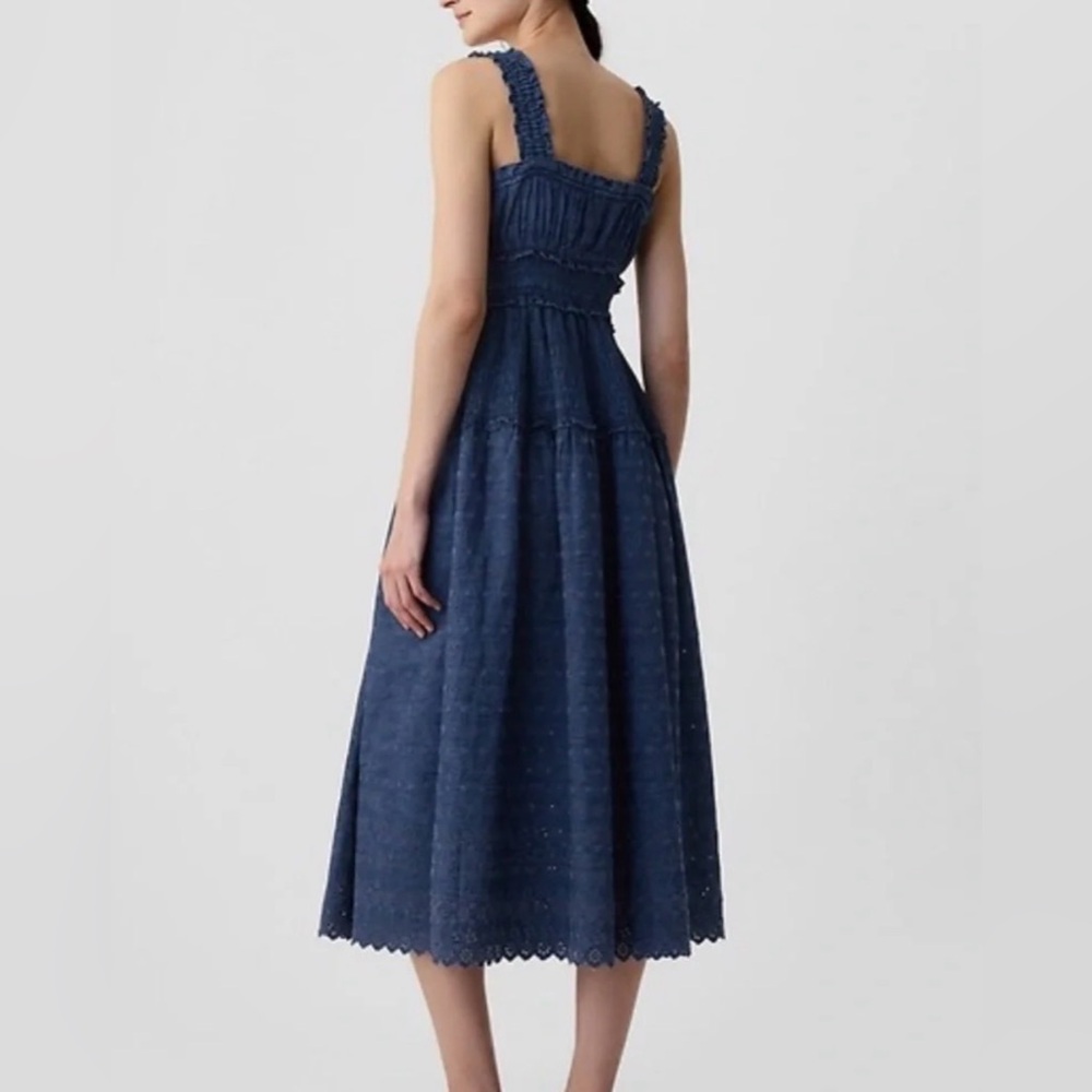 Gap x Doen Chambray Denim Eyelet Midi Dress Smocked Tiered Boho - Picture 2 of 9